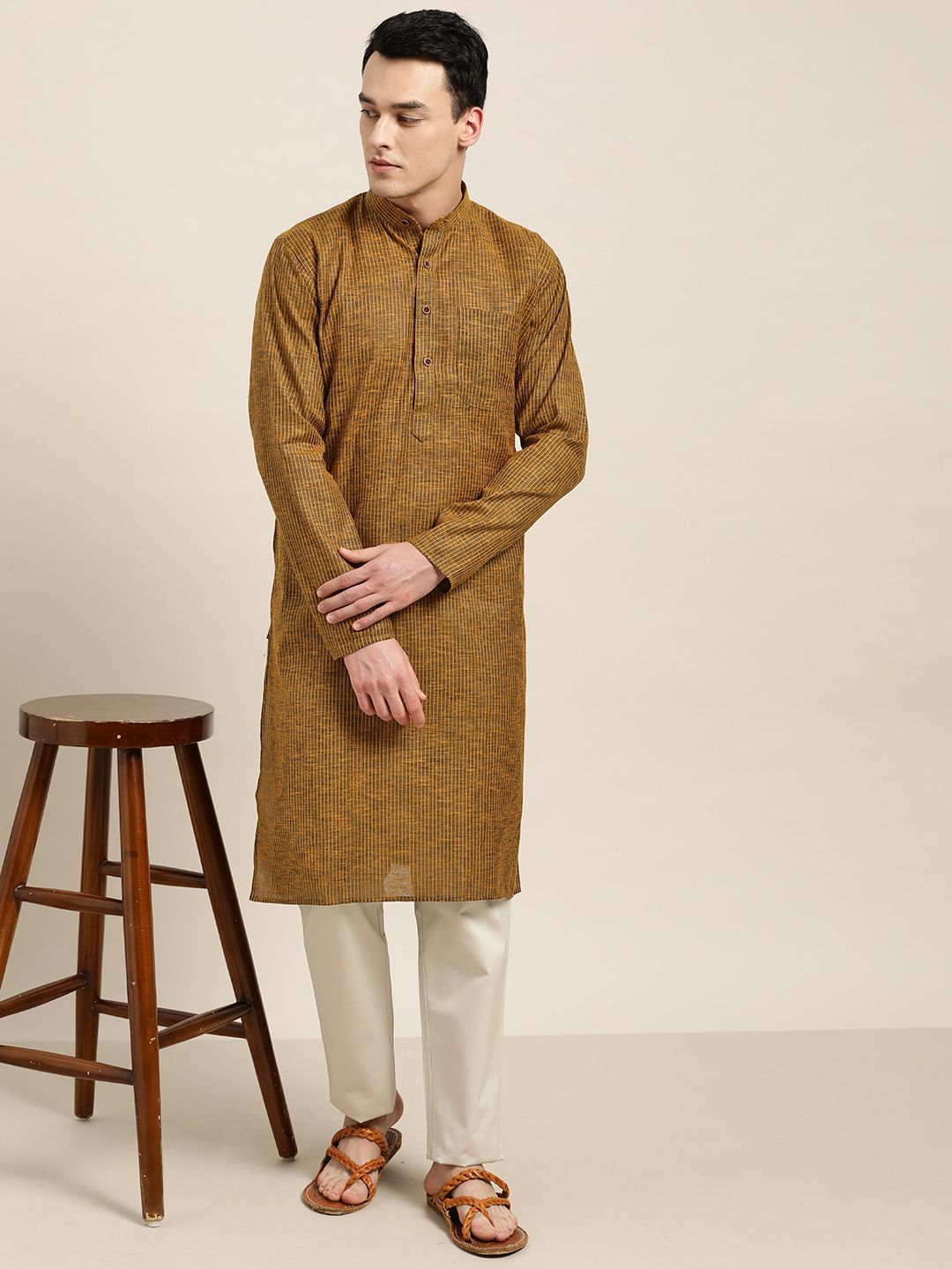 SOJANYA Men Mustard Yellow & Charcoal Grey Striped Straight Kurta