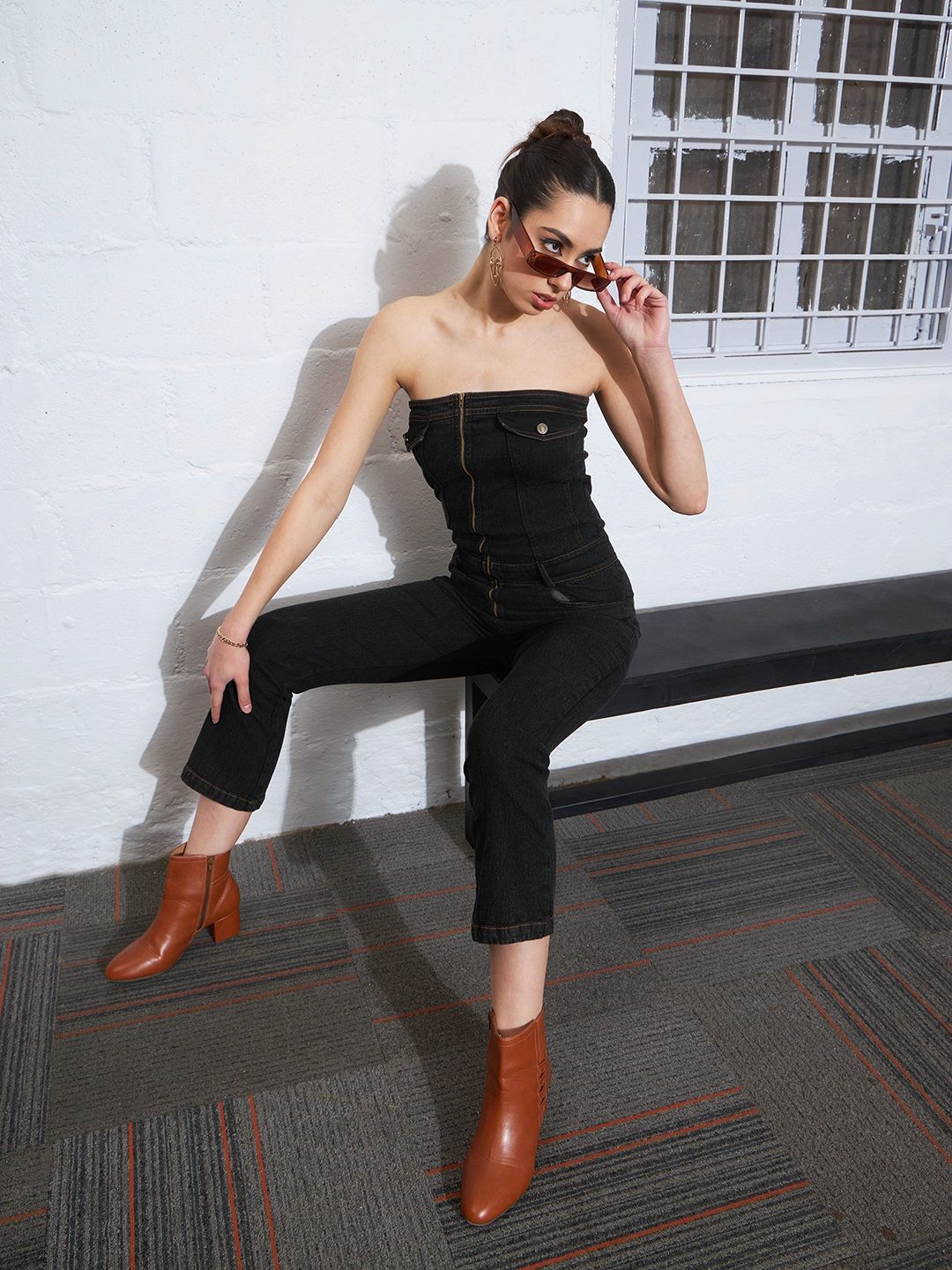 SASSAFRAS Strapless Denim Jumpsuit