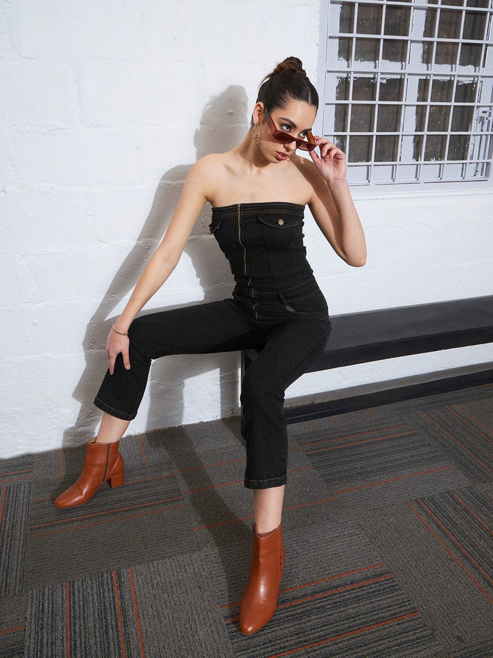 SASSAFRAS Strapless Denim Jumpsuit