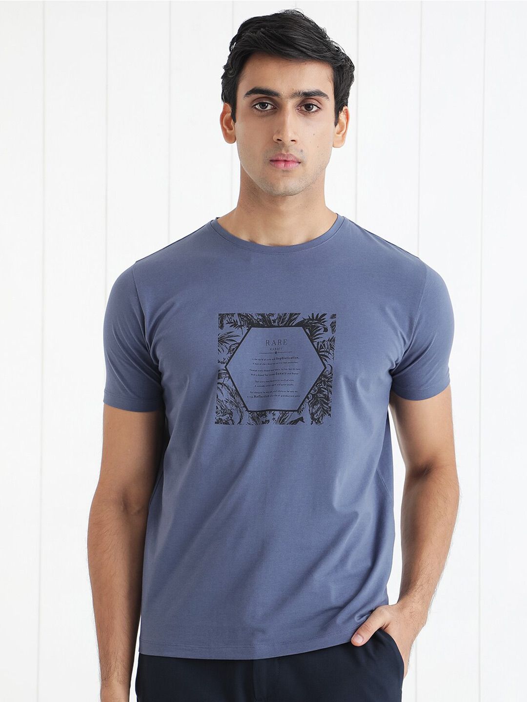 RARE RABBIT Men Creswen Round Neck Graphic Printed Slim Fit Cotton T-Shirt