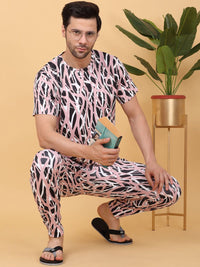 Sweet Dreams Pink & White Abstract Printed Round Neck Night suit