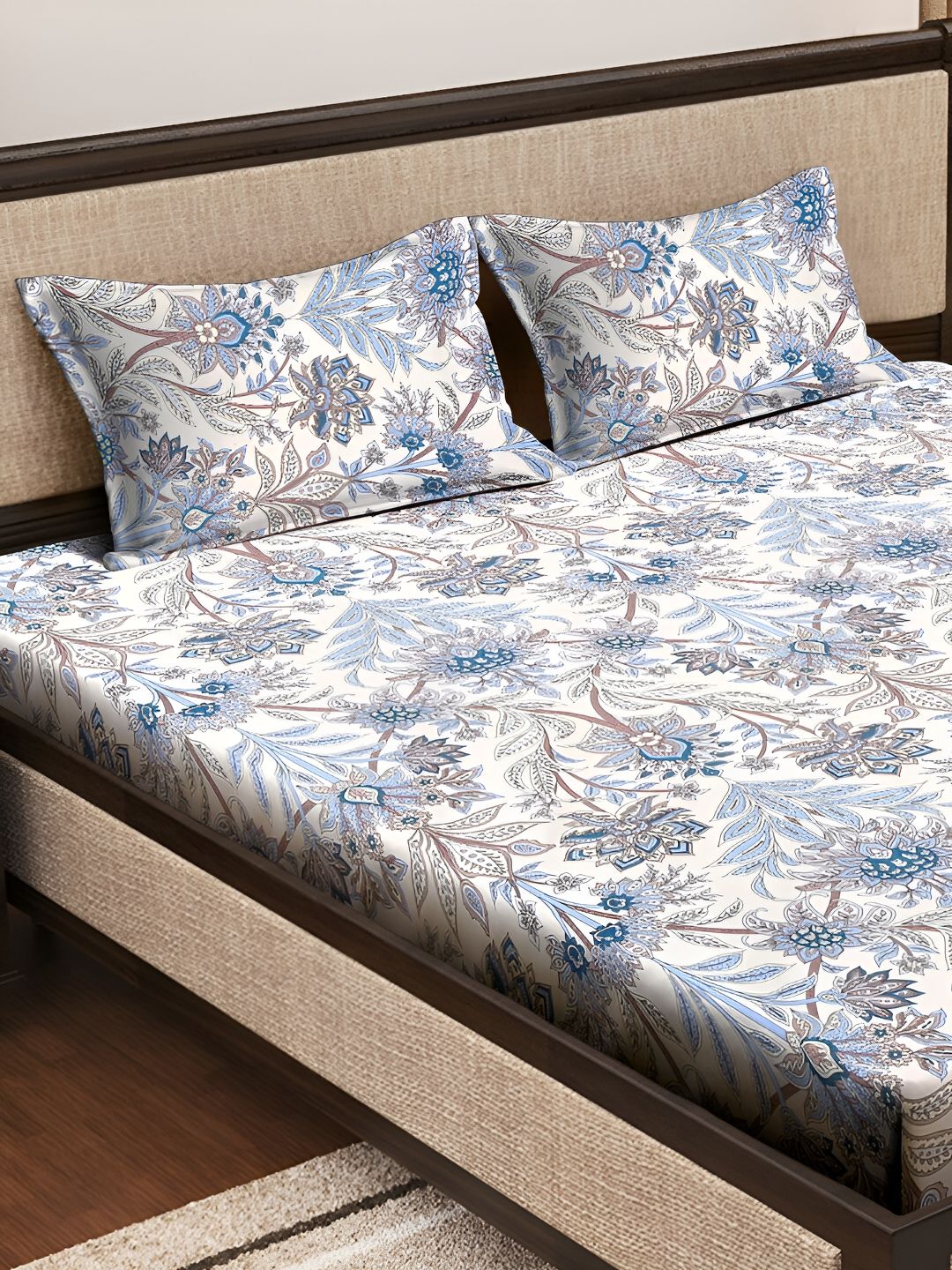 KLOTTHE Blue Floral Cotton 300 TC Fitted King Fine Bedsheet with 2 Pillow Covers-98 x 89 inches