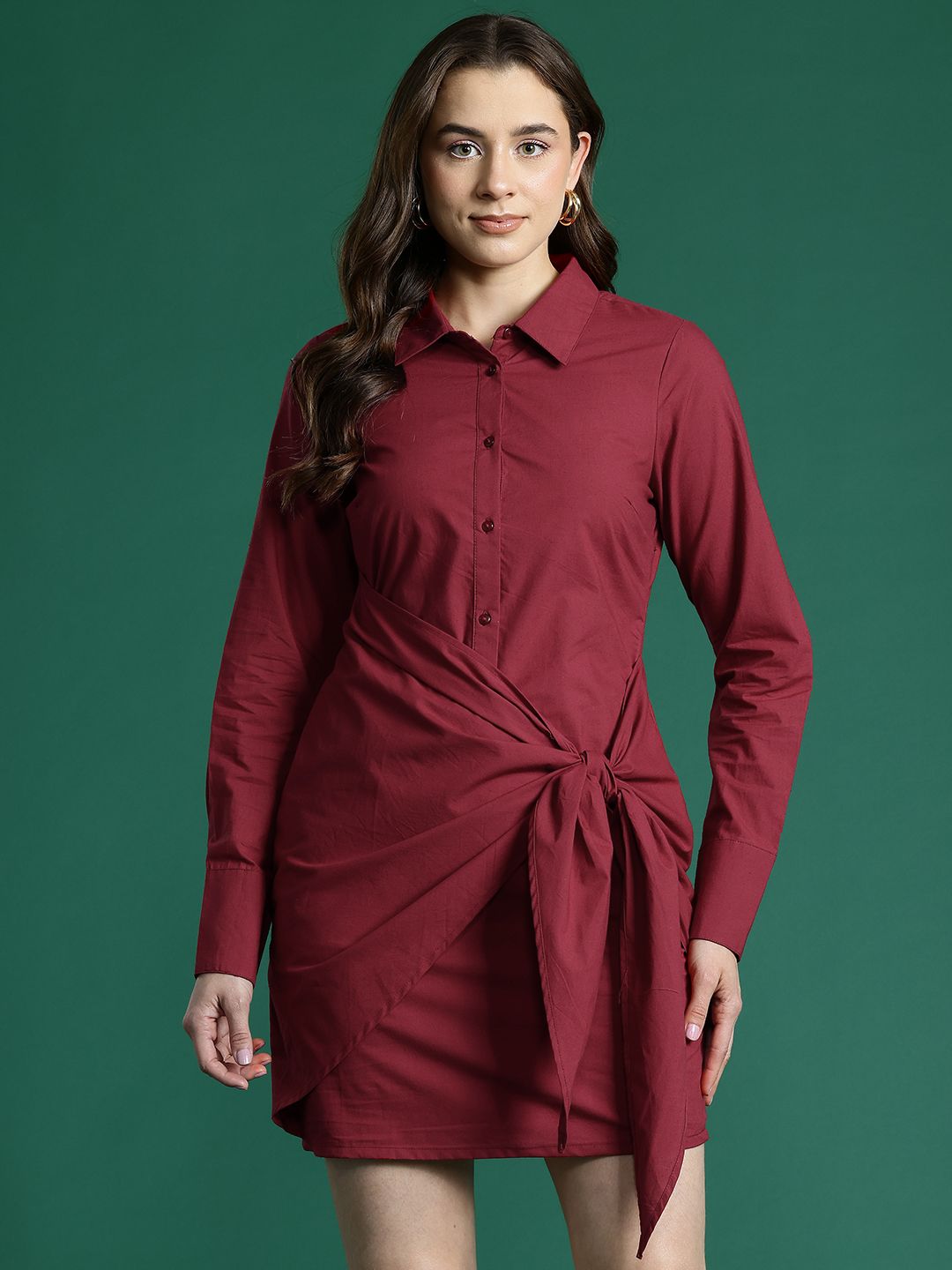 DressBerry Pure Cotton Wrap Tie-Up Shirt Mini Dress