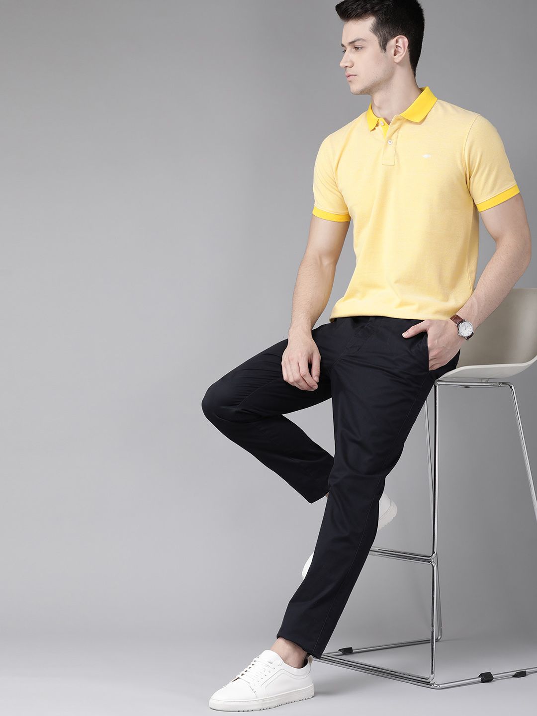 Park Avenue Men Yellow Solid Polo Collar Slim Fit T-shirt
