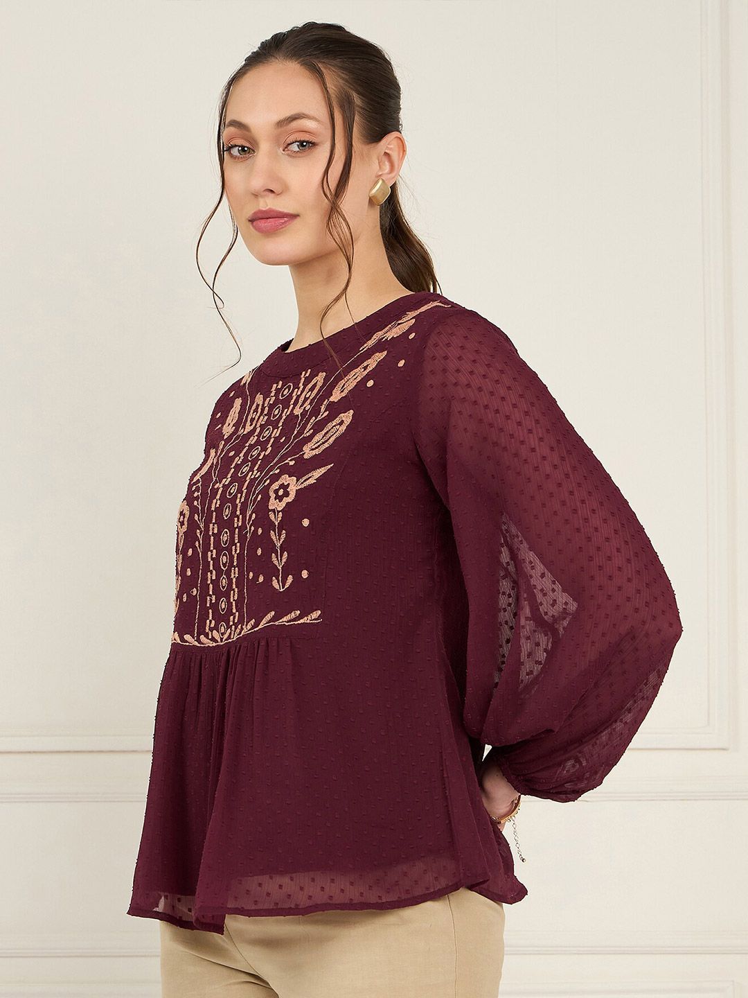 Antheaa Self Designed Mandarin Collar Embroidered Chiffon Top