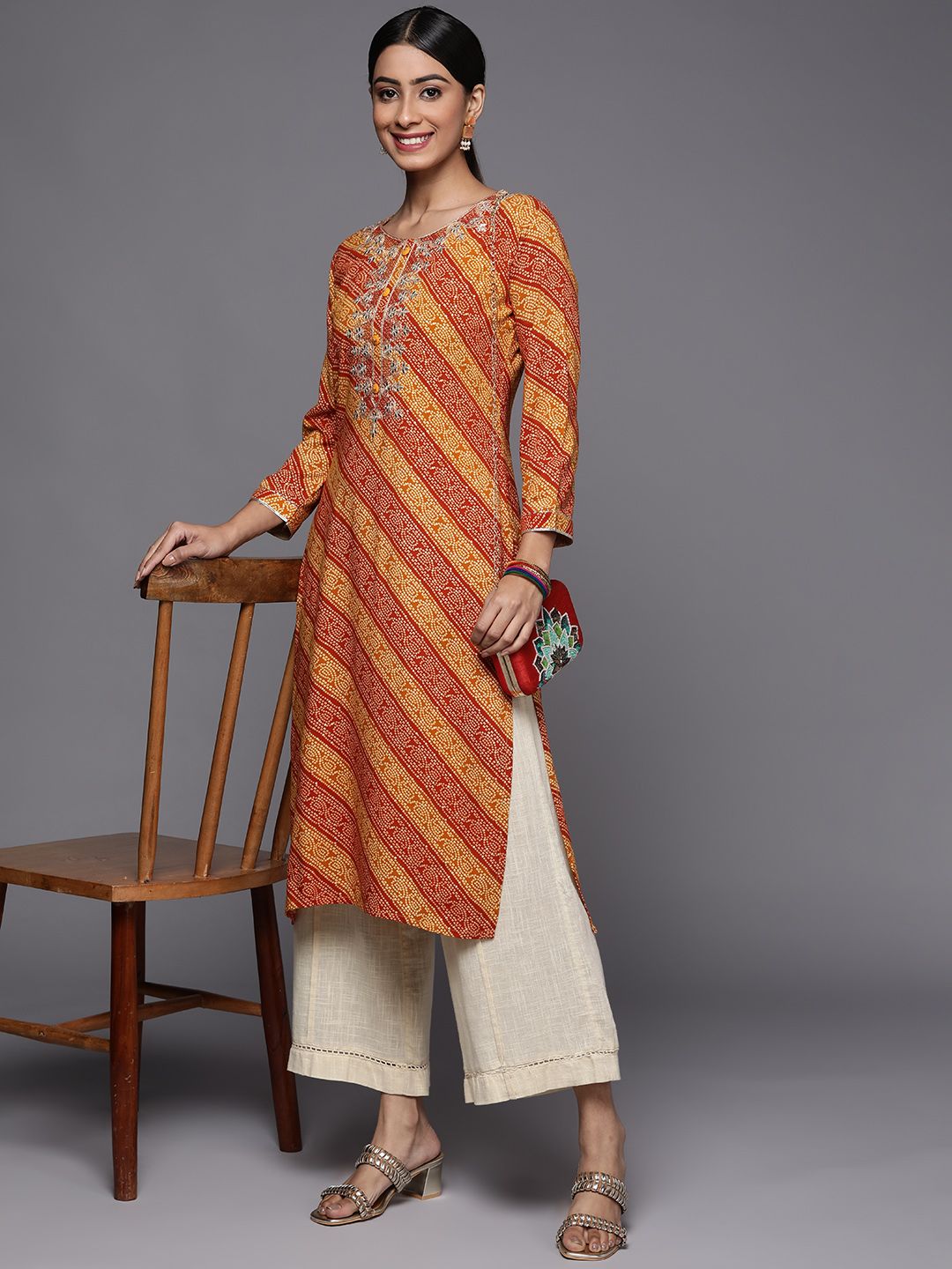 Varanga Women Mustard Yellow & Rust Bandhani Embroidered Gotta Patti Indie Prints Kurta
