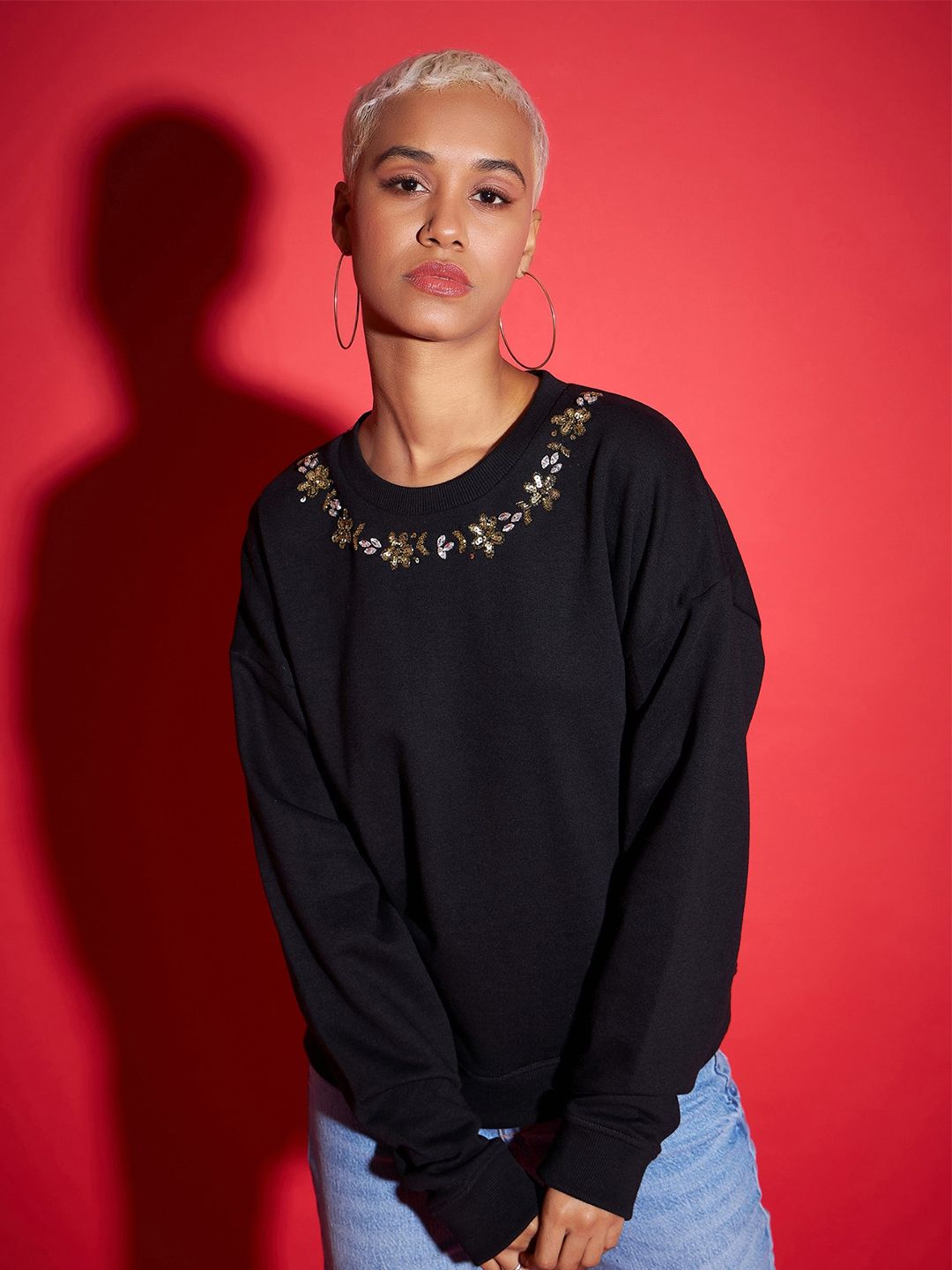 SASSAFRAS Black Embroidered Oversized Sweatshirt