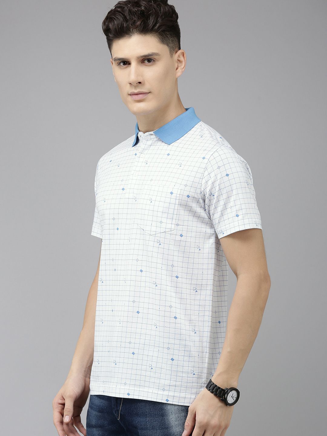 Park Avenue Checked & Geometric Printed Polo Collar Pure Cotton Slim Fit T-shirt