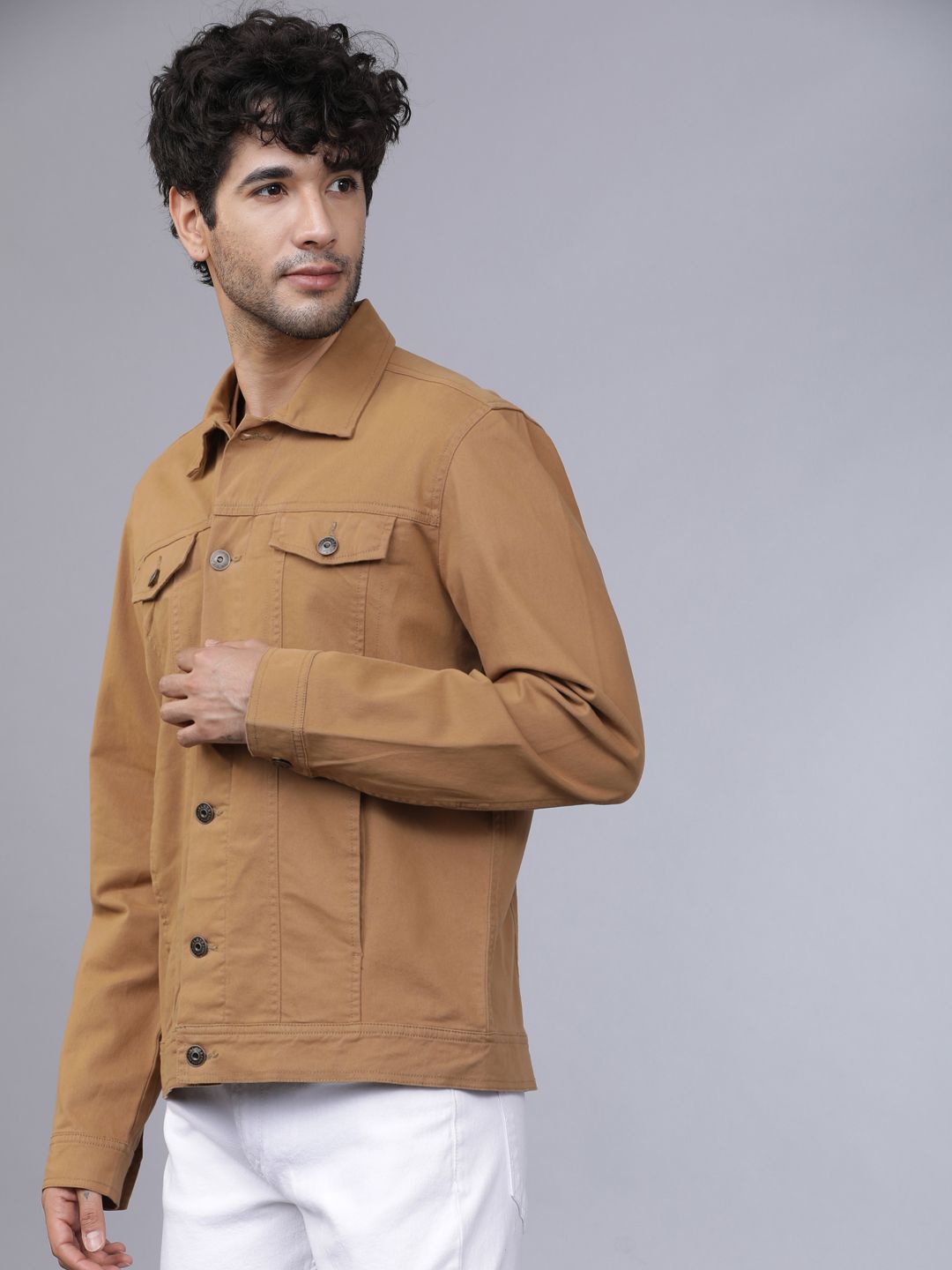 HIGHLANDER Men Beige Solid Denim Jacket