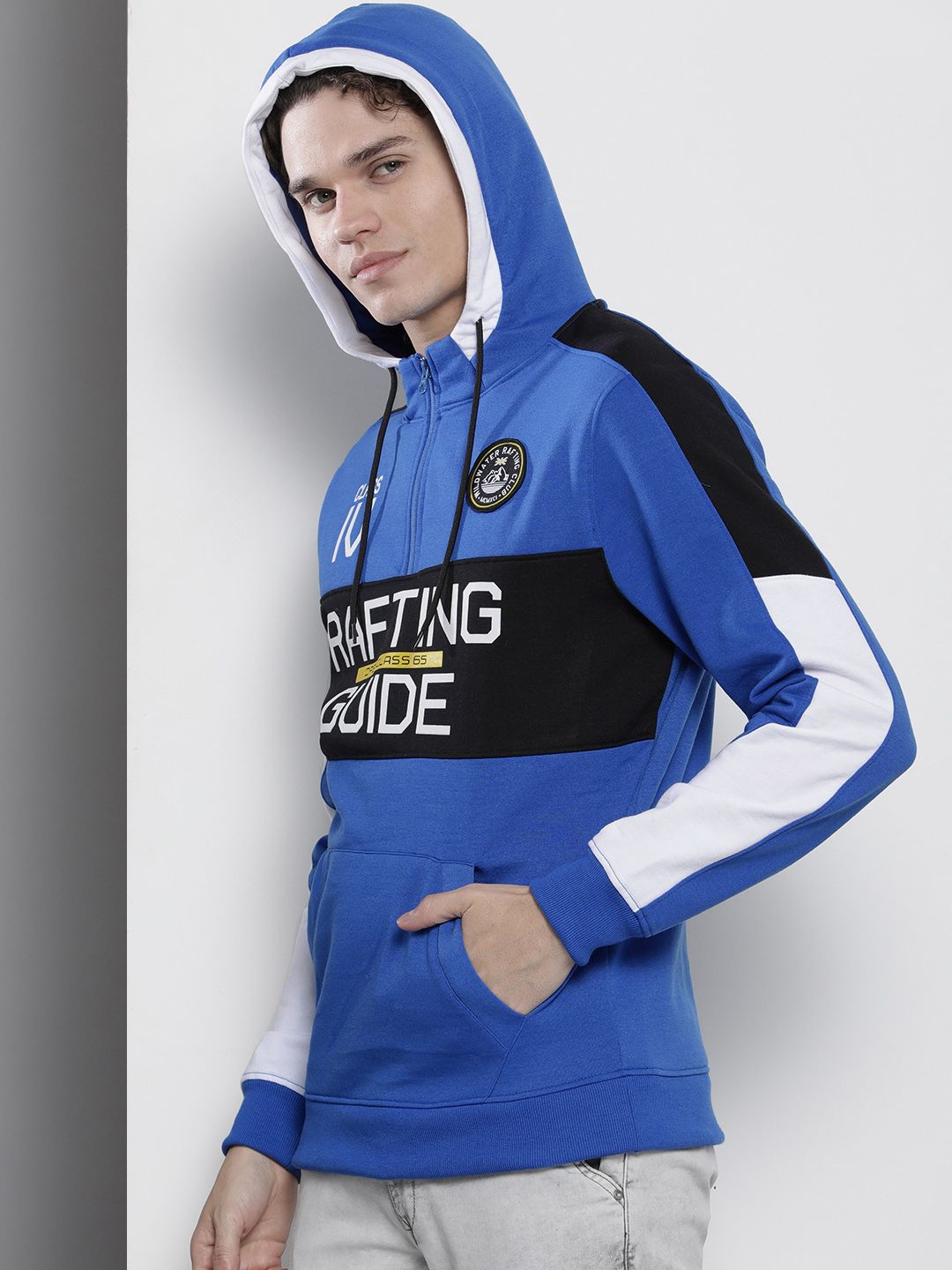 The Indian Garage Co Men Blue & Black Printed Hooded Sweatshirt