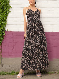 DressBerry Retro Vibes Animal Print Halter Neck Smocked Maxi Dress