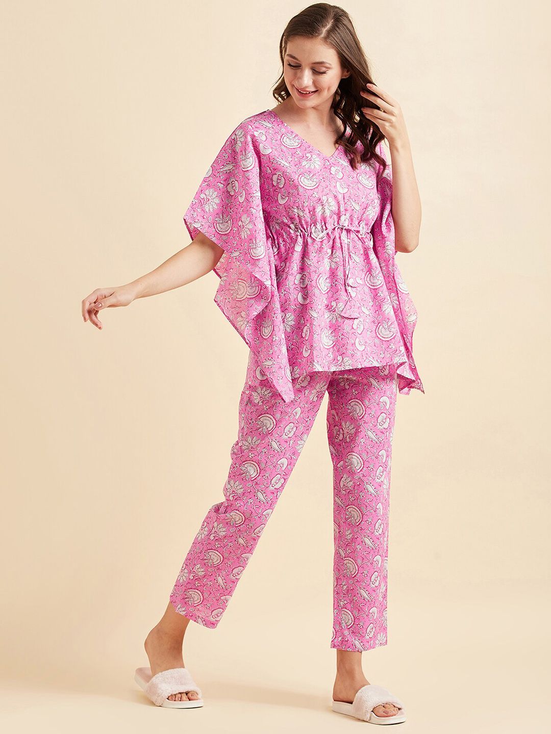 Sweet Dreams Pink & White Ethnic Motifs Printed Pure Cotton Night Suit