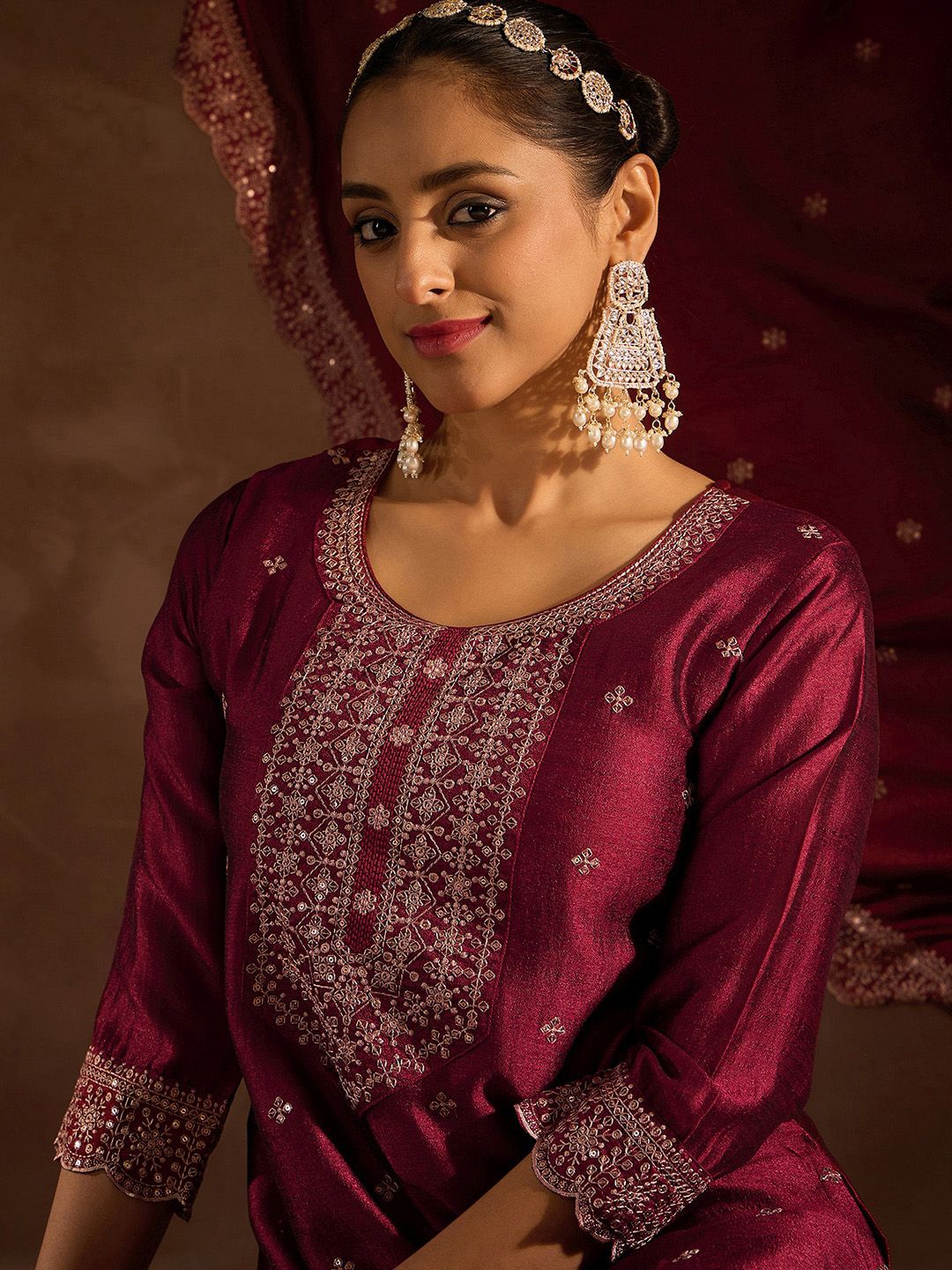 Indo Era Ethnic Motifs Embroidered Thread Work Straight Kurta with Trousers & Dupatta
