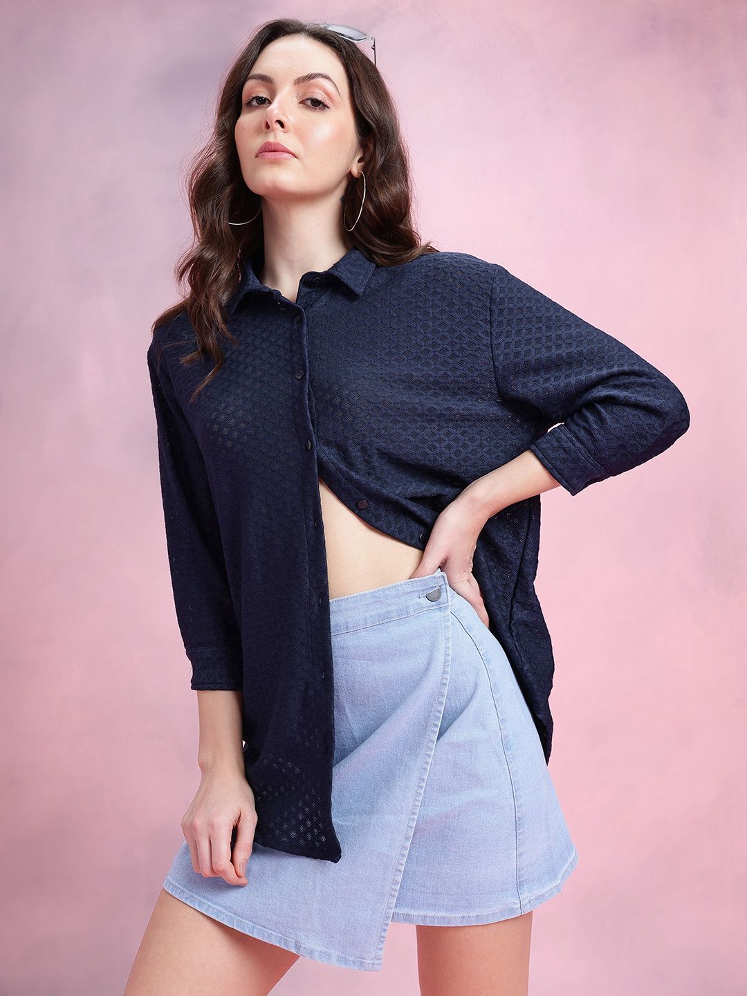 DressBerry Self-Design Semi-Sheer Longline Shirt