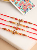 NVR Unisex Set of 4 Artificial Stones Beads Thread Rakhi with Roli Chawal Chandan Mishri