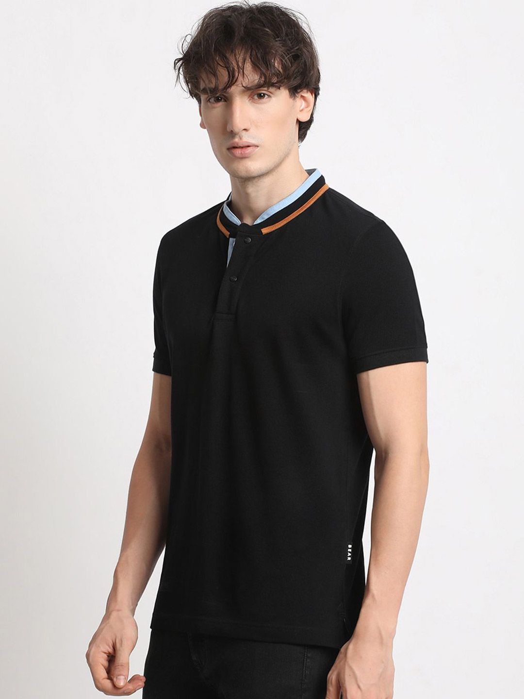 THE BEAR HOUSE Mandarin Collar Cotton Slim Fit T-shirt