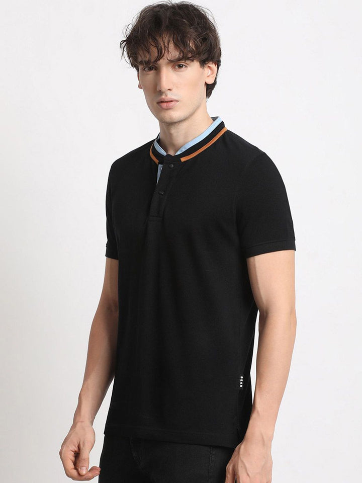 THE BEAR HOUSE Mandarin Collar Cotton Slim Fit T-shirt