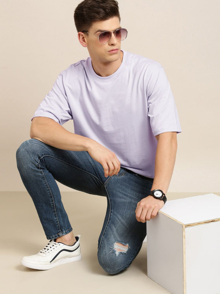 DILLINGER Men Lilac Solid Pure Cotton Drop-Shoulder Sleeves Oversized Fit T-shirt
