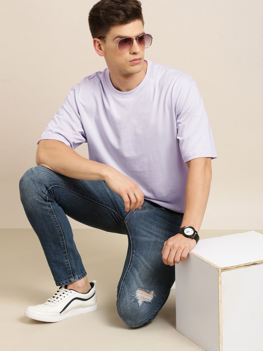 DILLINGER Men Lilac Solid Pure Cotton Drop-Shoulder Sleeves Oversized Fit T-shirt