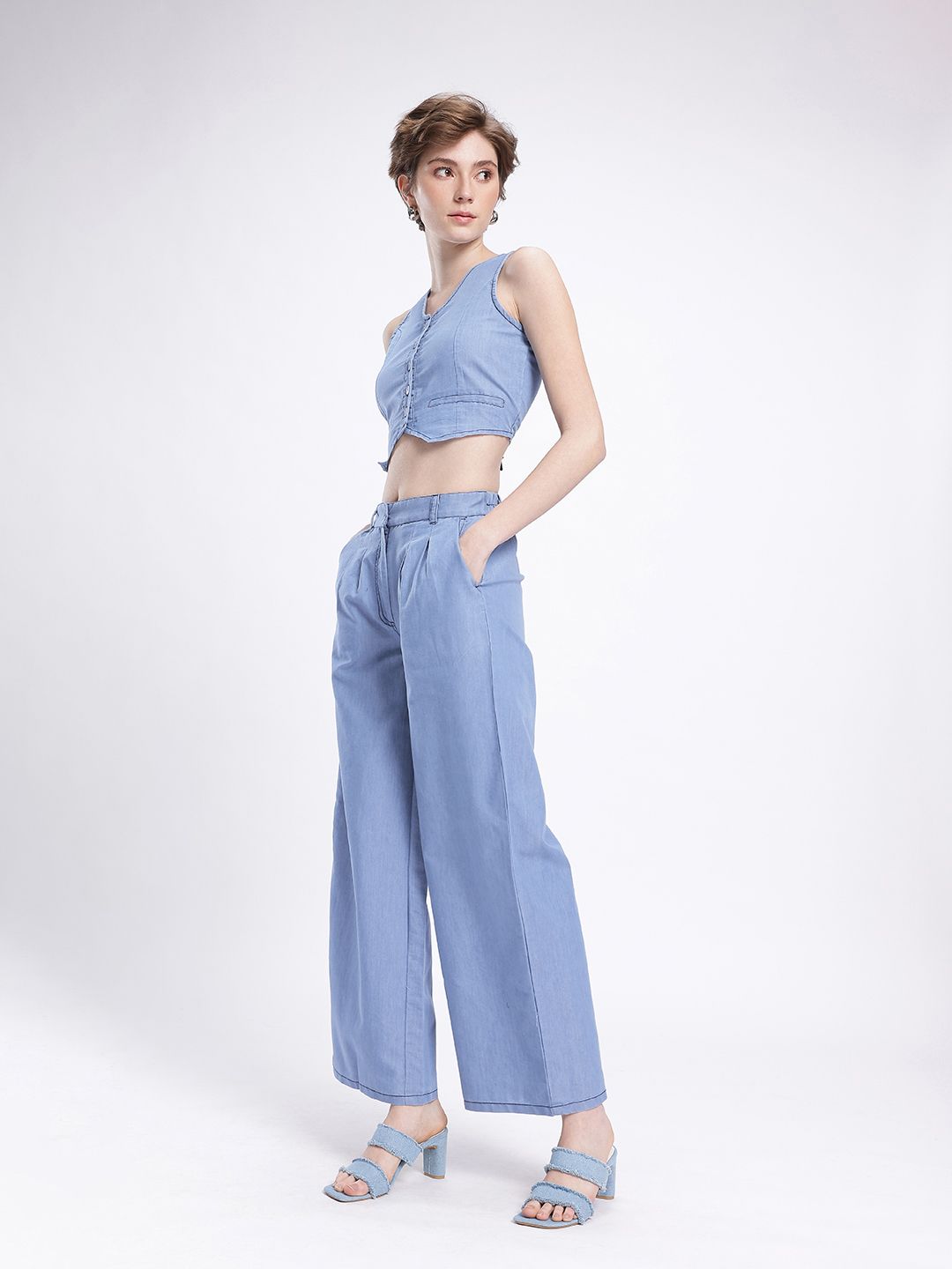 DressBerry Urban Chic Chambray Crop Waistcoat Top With Relaxed Trousers