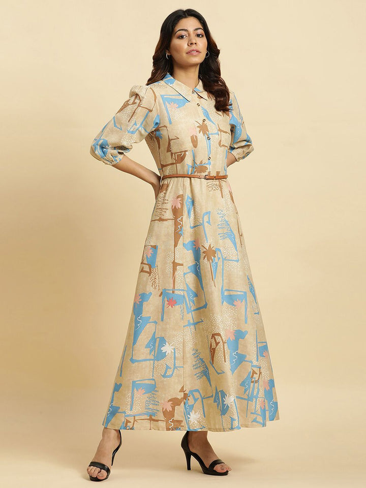 W Abstract Printed Belted Detailed Shirt Collar Puff Sleeves A-Line Maxi Dress