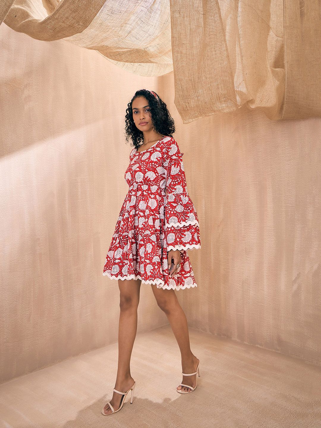 Pink Paprika by SASSAFRAS Floral Printed Flared Sleeve Cotton Smocked Fit & Flare Dress