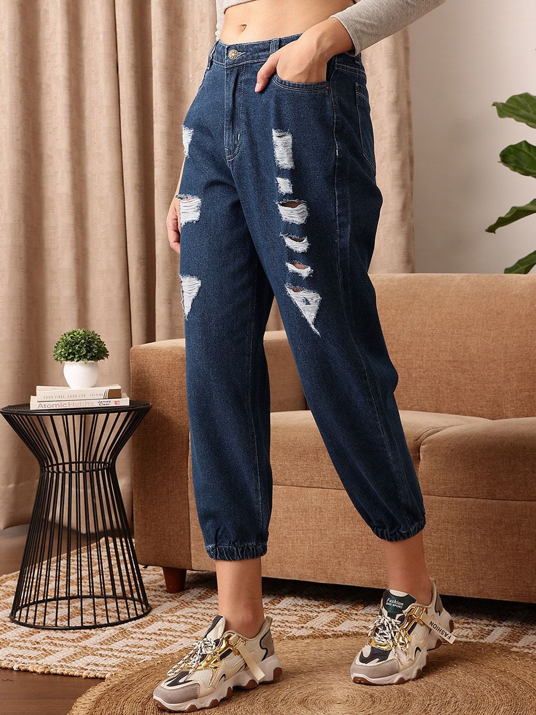 STREET 9 Women Blue Comfort Jogger Mildly Distressed Pure Cotton Light Fade Jeans