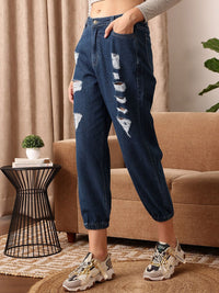 STREET 9 Women Blue Comfort Jogger Mildly Distressed Pure Cotton Light Fade Jeans