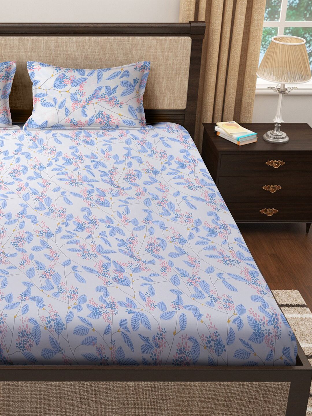 KLOTTHE White & Blue Floral Printed 300 TC King Bedsheet With 2 Pillow covers