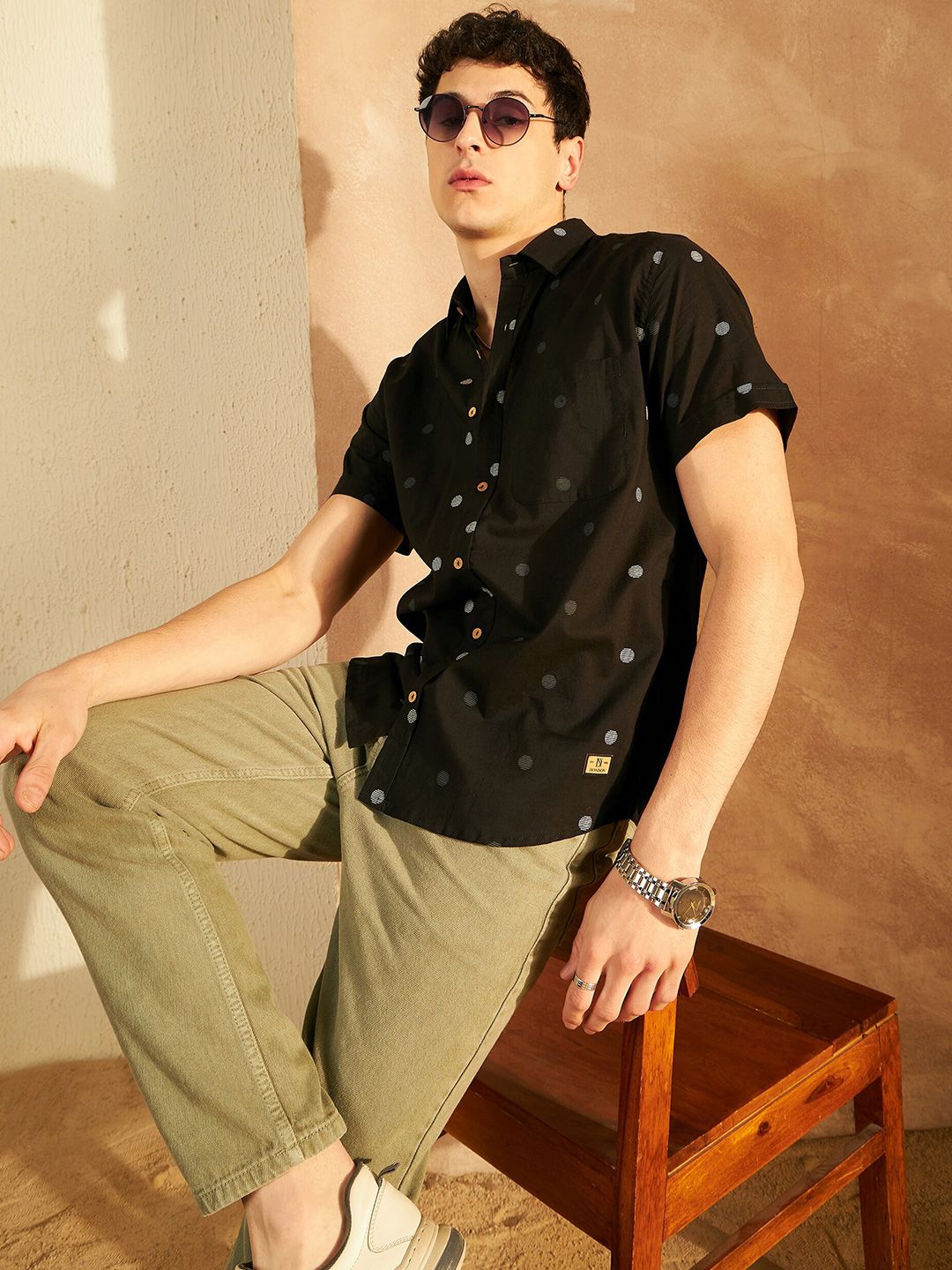 DENNISON Smart Polka Dot Printed Spread Collar Cotton Oversized Lightweight Shirt