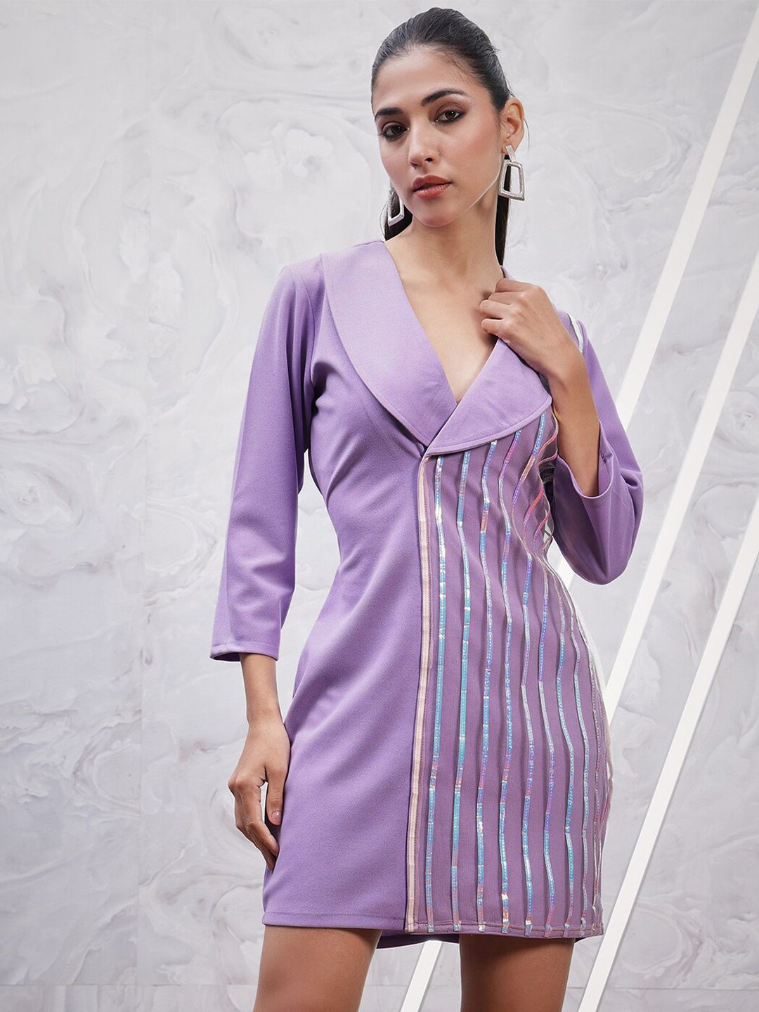 Athena Striped Embroidered Lapel Collar Sheath Dress
