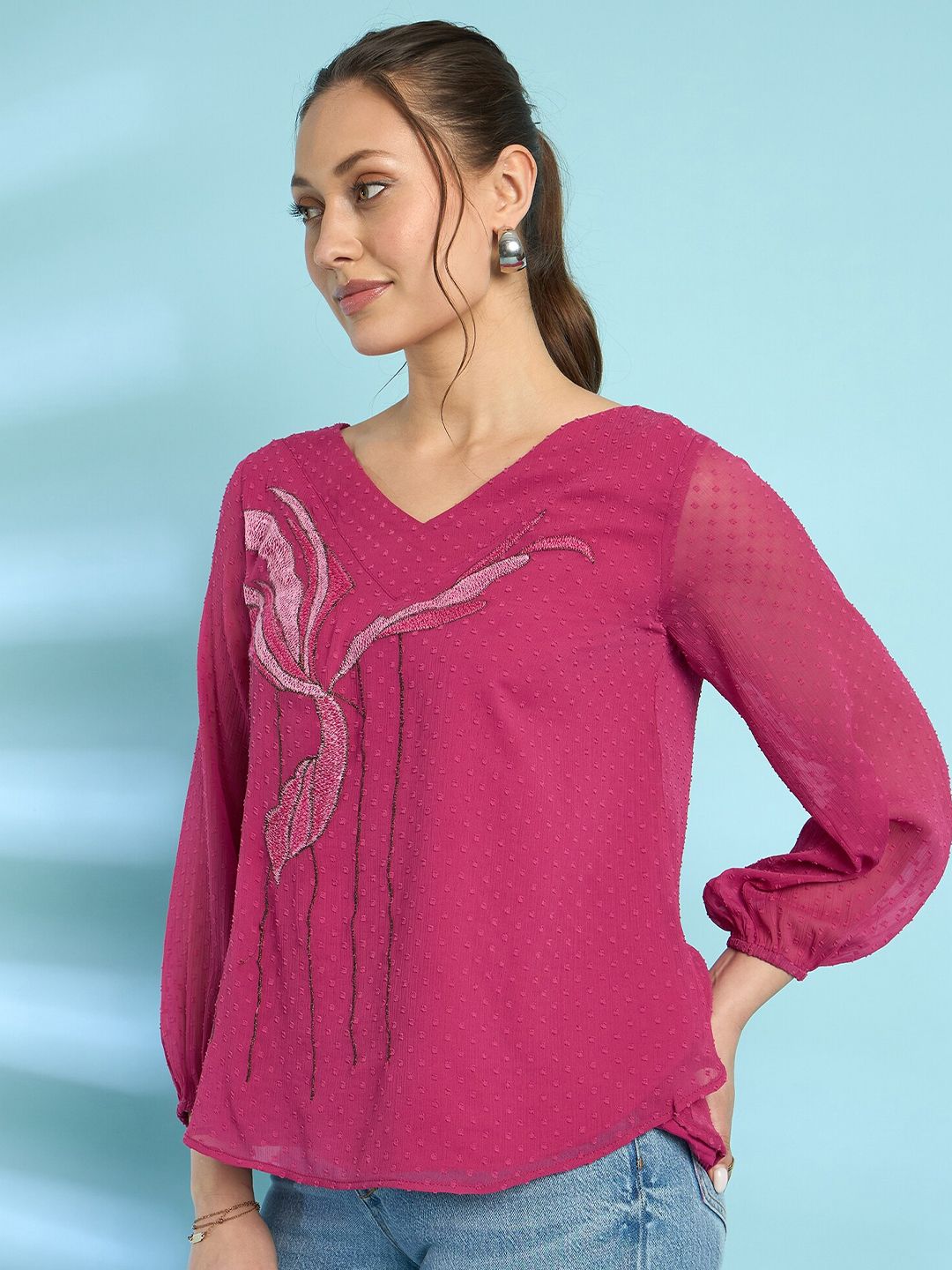 Antheaa Embroidered Dobby Weave Chiffon Top