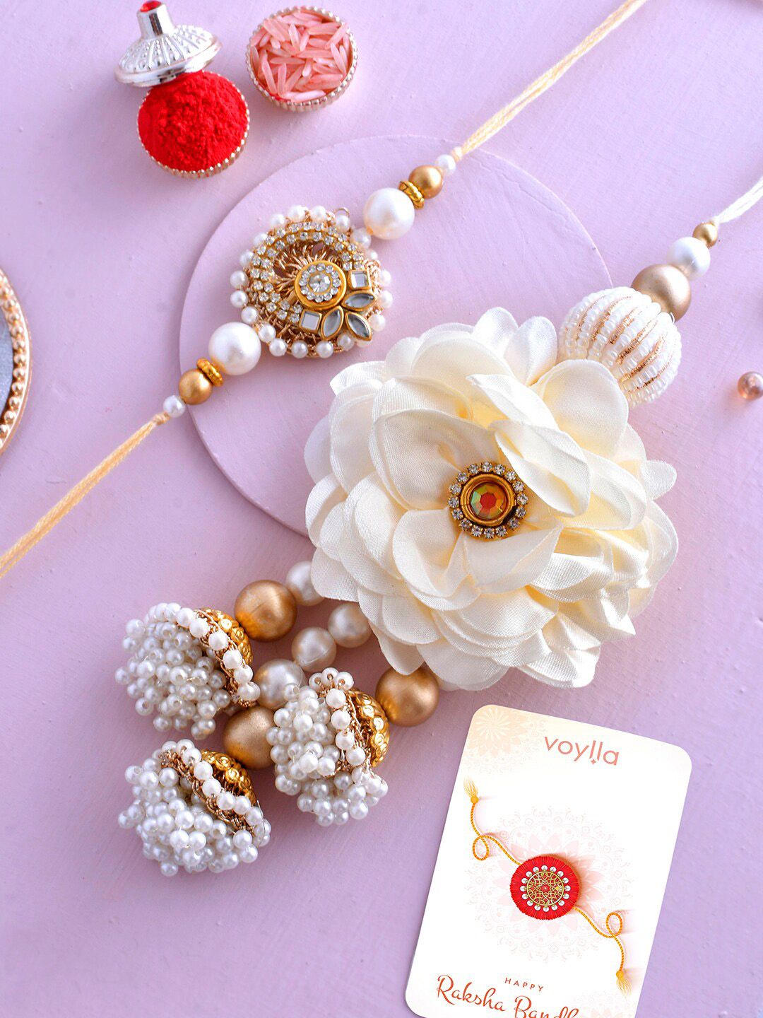 Voylla Unisex Set of 2 Pearls & Kundan Embellished Bhaiya-Bhabhi Rakhis
