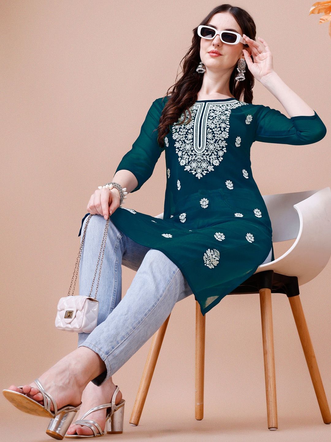 KALINI Floral Embroidered Chikankari Shadow Work Georgette Straight Kurta