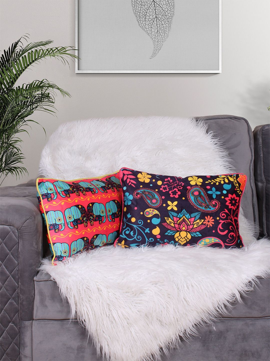 STITCHNEST Blue & Pink 2 Pieces Floral Velvet Square Cushion Covers