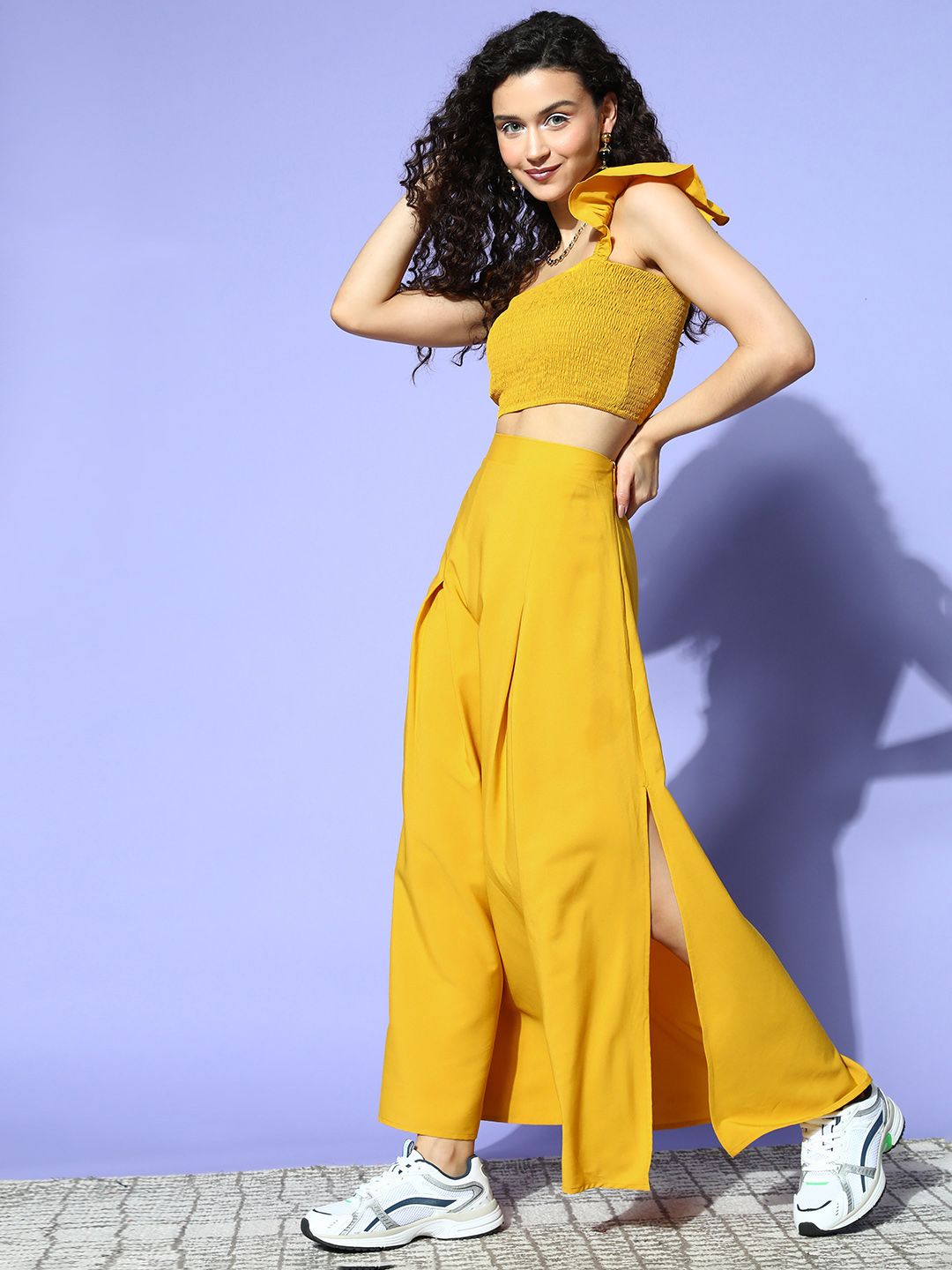 Berrylush Women Mustard Solid Top with Skirt