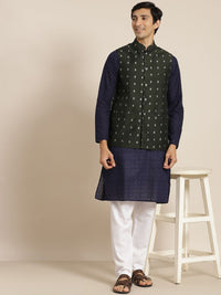 SOJANYA Men Navy Blue Ethnic Motifs Pure Cotton Kurta with Churidar & Nehru Jacket