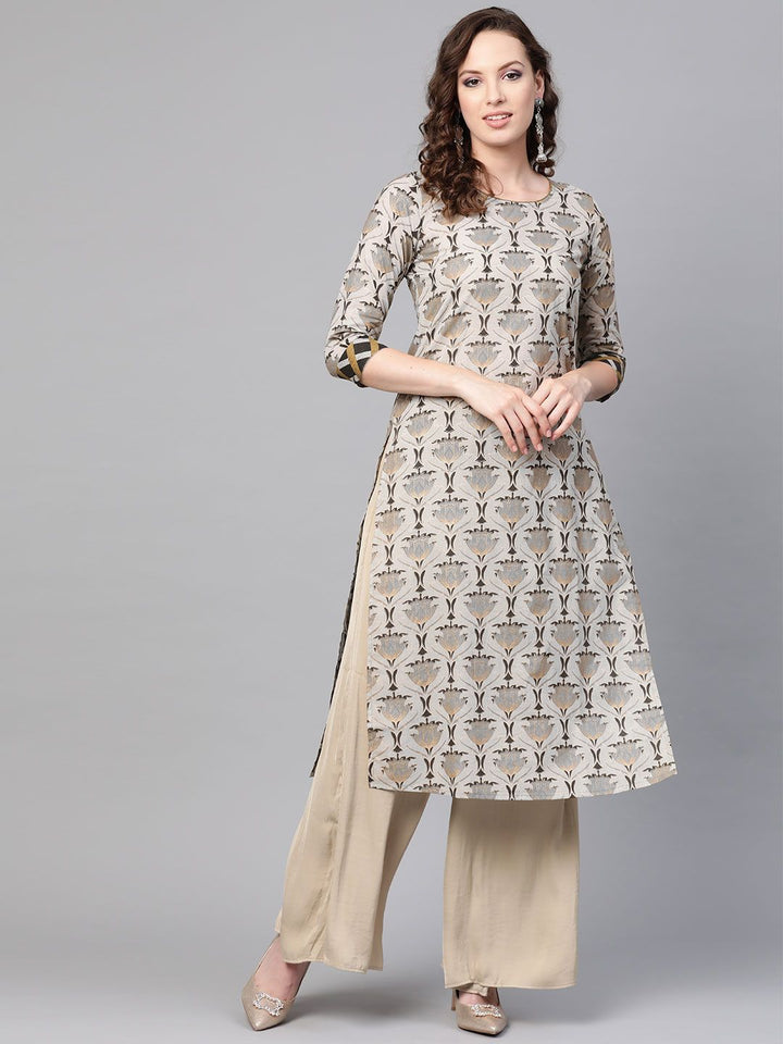 SOJANYA Wanita Grey & Black Foil Print A-Line Kurta