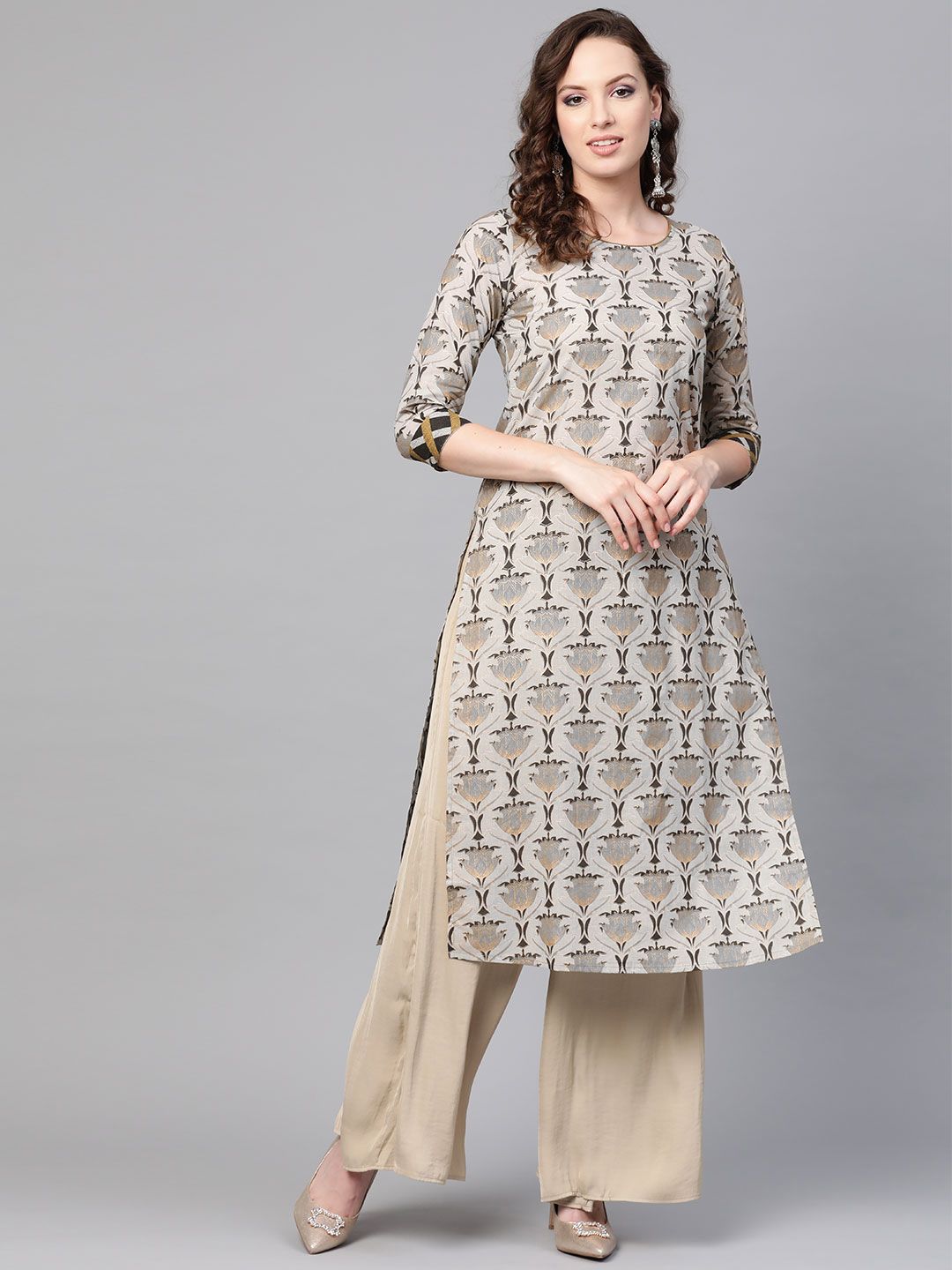 SOJANYA Wanita Grey & Black Foil Print A-Line Kurta