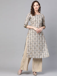SOJANYA Wanita Grey & Black Foil Print A-Line Kurta
