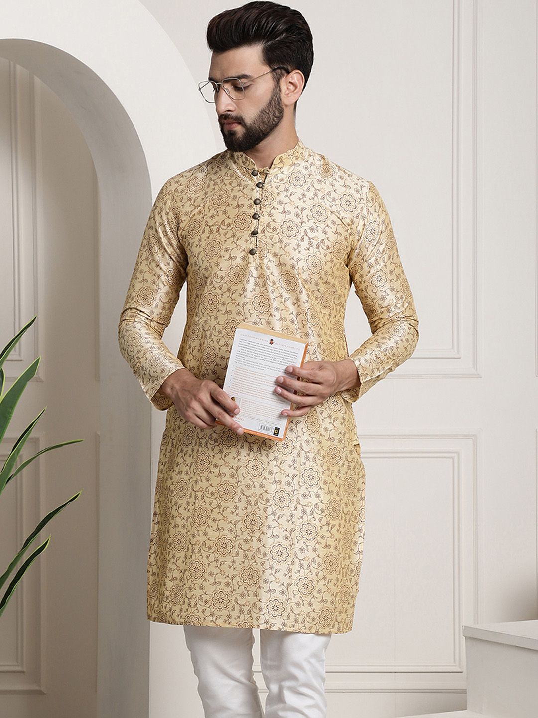 SOJANYA Men Beige & Brown Ethnic Motifs Printed Kurta