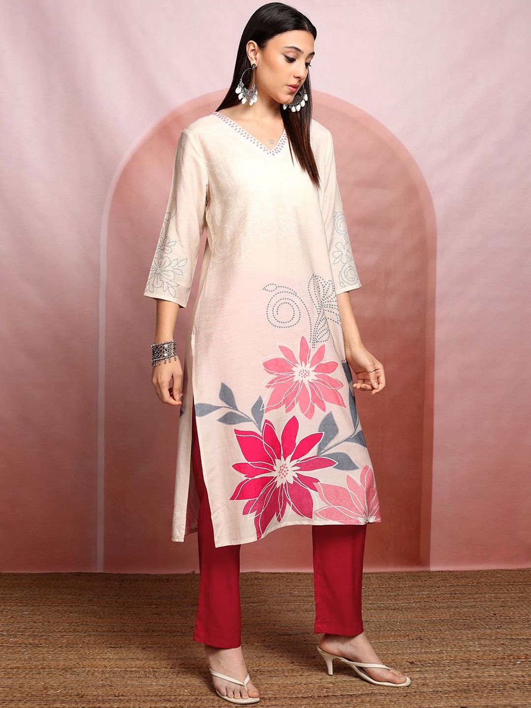 Vishudh Floral Printed Pure Cotton Straight Kurta & Trousers With Dupatta