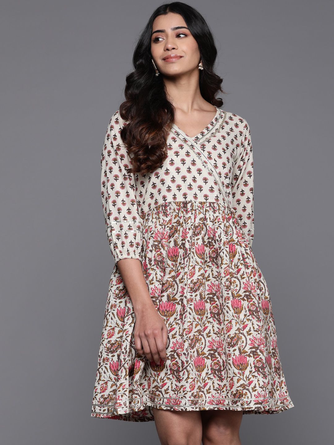 Libas Floral Print V-Neck Puff Sleeve Gathered Or Pleated Wrap Dress
