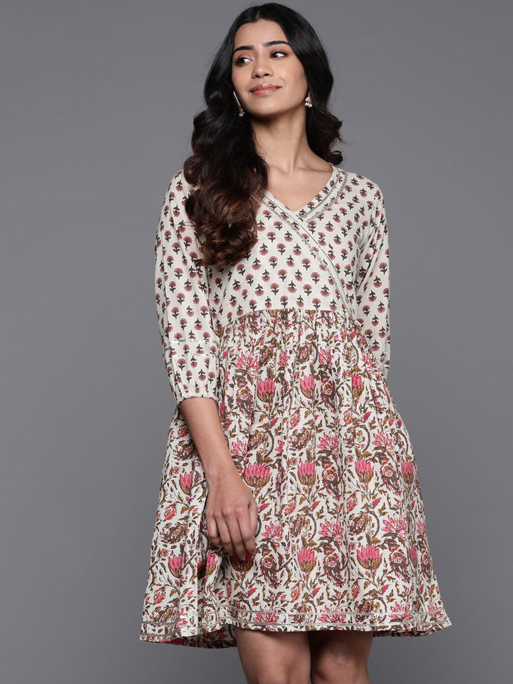 Libas Floral Print V-Neck Puff Sleeve Gathered Or Pleated Wrap Dress