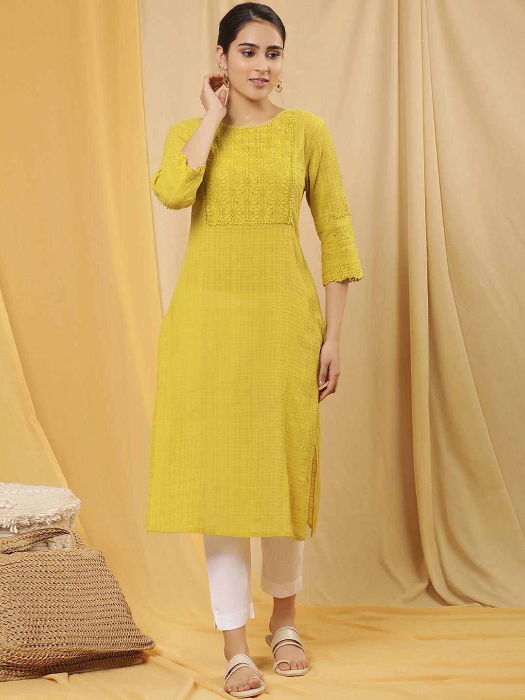 W Yellow Floral Yoke Design Thread Work Pure Cotton Straight Kurta