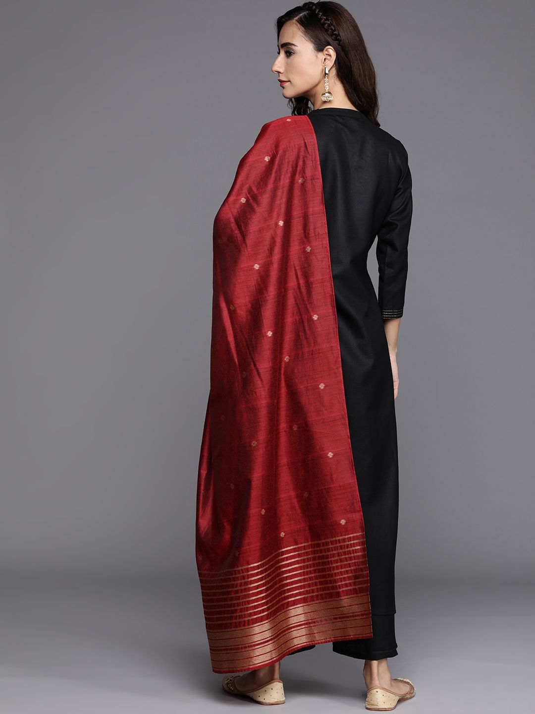 Libas Women Black Pure Cotton Yoke Design Panelled Kurta with Palazzos & Dupatta