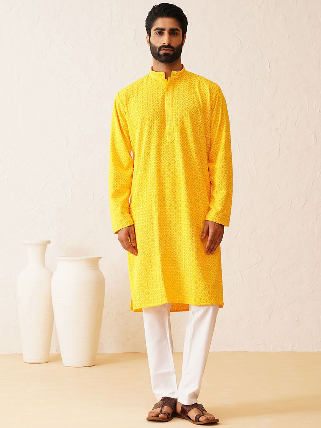 SOJANYA Embroidered Mandarin Collar Sequinned Pure Cotton Kurta with Pyjamas