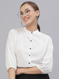 Style Quotient White & Black Polka Dot Print Mandarin Collar Shirt Style Top