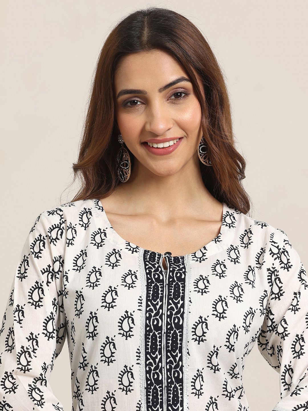 Libas Off White Paisley Printed Keyhole Neck Pure Cotton Kurta With Trousers & Dupatta