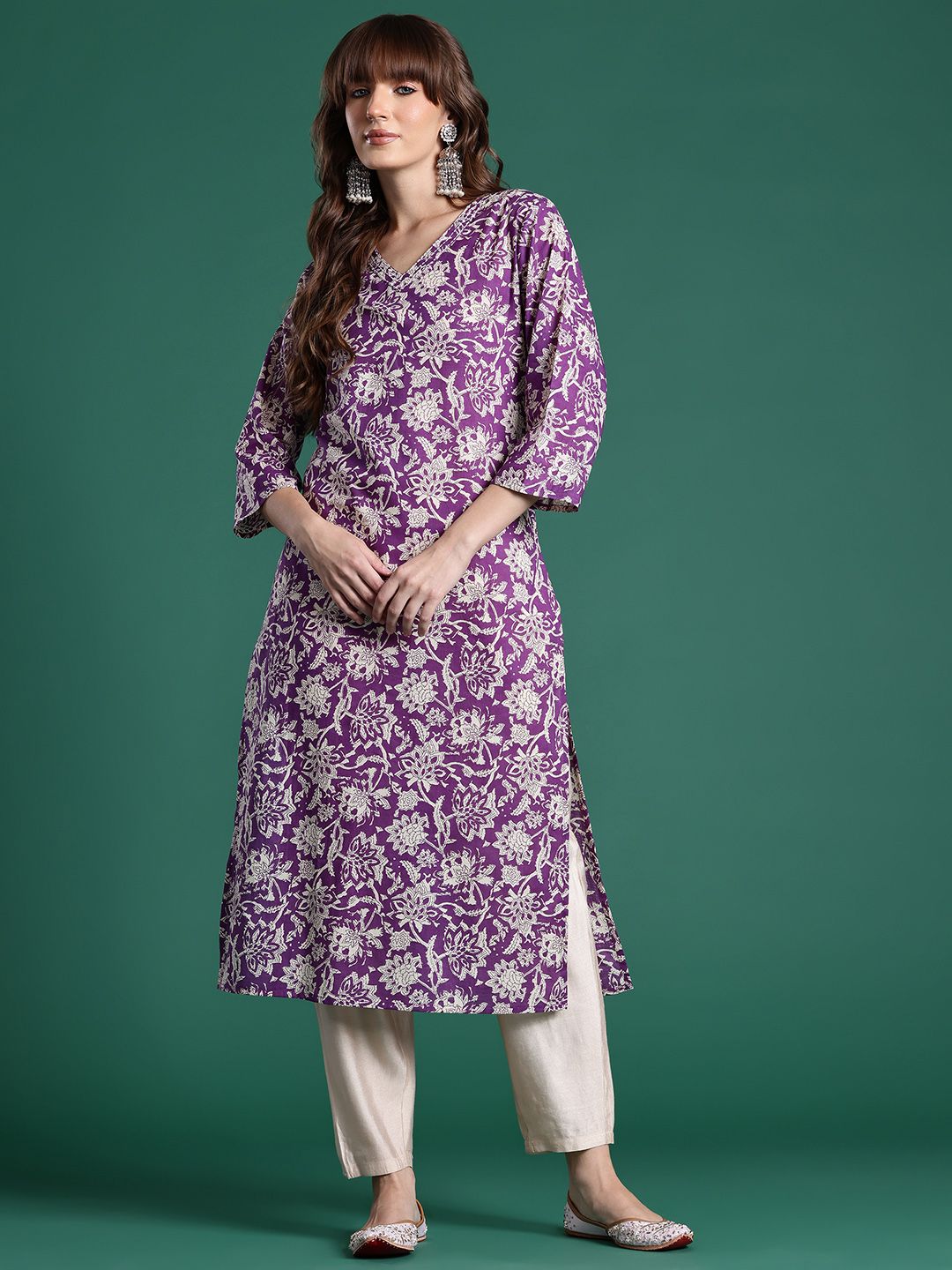 Indo Era Floral Printed Pure Cotton Kurta